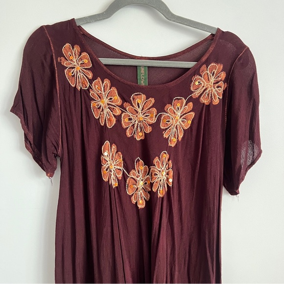 Sunflower Boho Embroidered Brown Orange Sequin Tunic Top Free Size - Picture 2 of 13